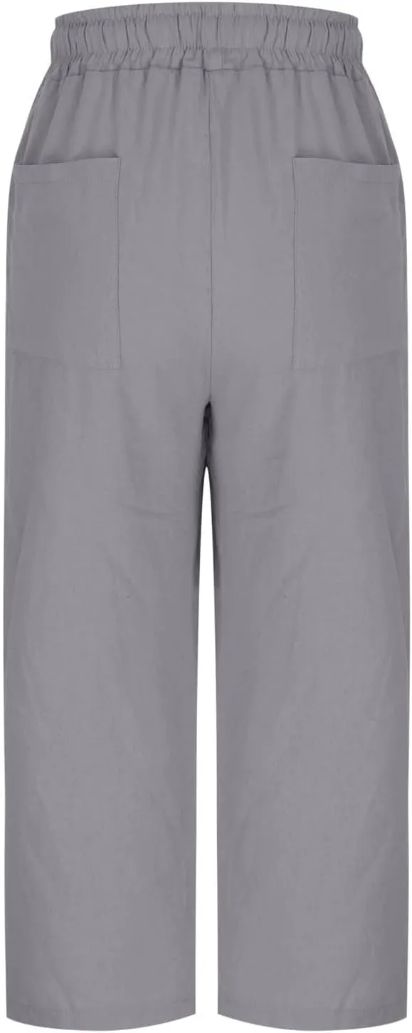 Women Linen Pants 2025 Summer Casual Loose Wide Leg Palazzo Pants Pockets Smocked High Waist Trousers Capris