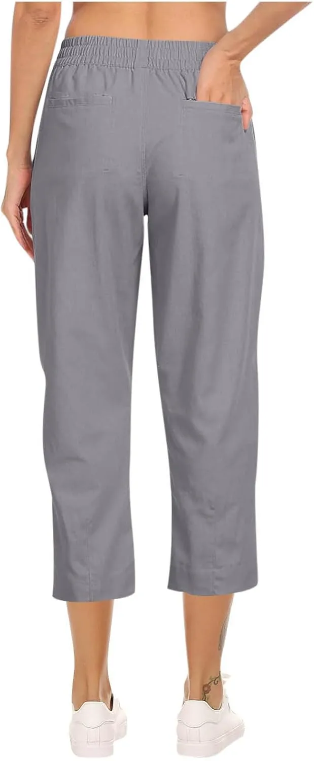 Women Linen Pants 2025 Summer Casual Loose Wide Leg Palazzo Pants Pockets Smocked High Waist Trousers Capris