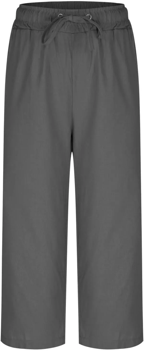 Women Linen Pants 2025 Summer Casual Loose Wide Leg Palazzo Pants Pockets Smocked High Waist Trousers Capris