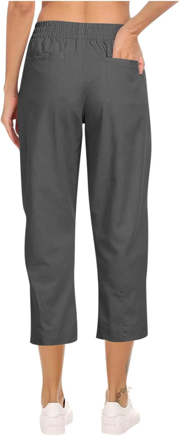 Women Linen Pants 2025 Summer Casual Loose Wide Leg Palazzo Pants Pockets Smocked High Waist Trousers Capris
