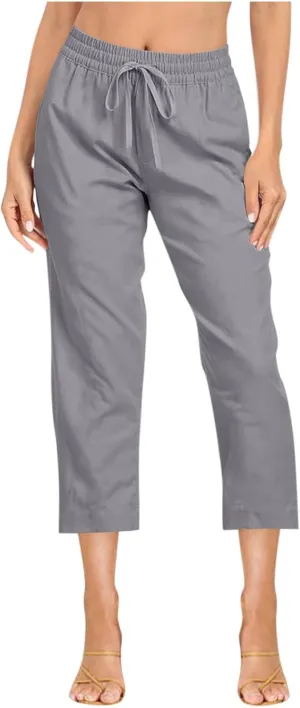 Women Linen Pants 2025 Summer Casual Loose Wide Leg Palazzo Pants Pockets Smocked High Waist Trousers Capris