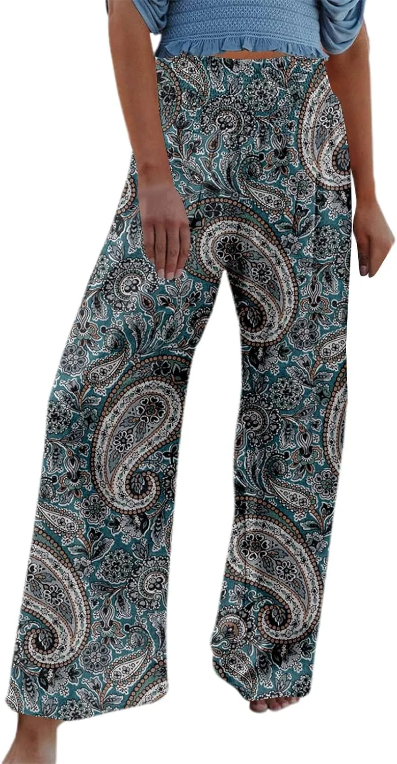 Women Linen Pants 2025 Summer Casual Loose Wide Leg Palazzo Pants Smocked High Waist Flowy Beach Trousers