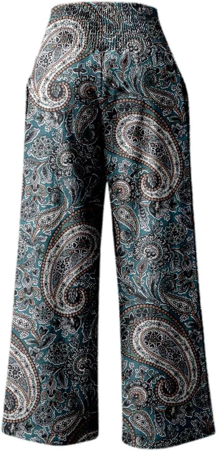 Women Linen Pants 2025 Summer Casual Loose Wide Leg Palazzo Pants Smocked High Waist Flowy Beach Trousers