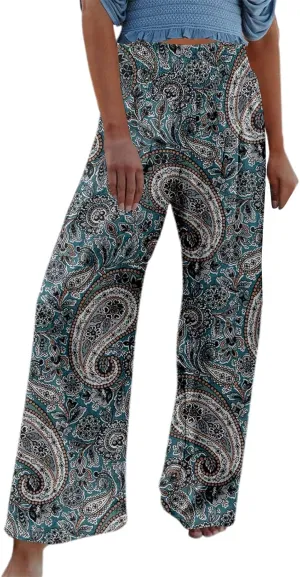 Women Linen Pants 2025 Summer Casual Loose Wide Leg Palazzo Pants Smocked High Waist Flowy Beach Trousers