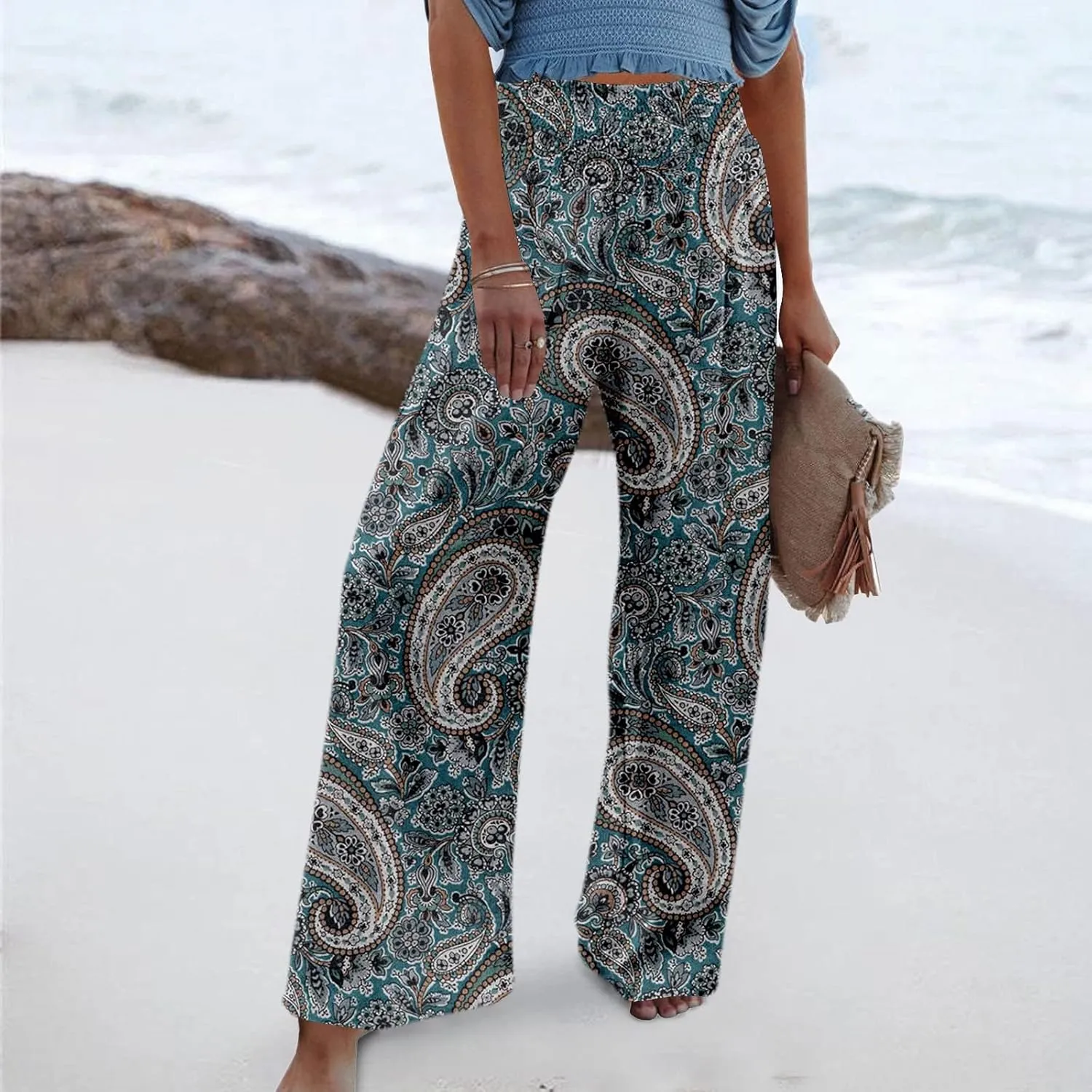 Women Linen Pants 2025 Summer Casual Loose Wide Leg Palazzo Pants Smocked High Waist Flowy Beach Trousers