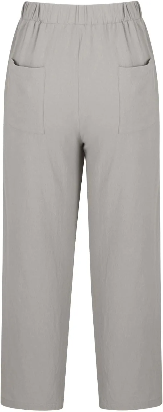 Women Linen Pants Capri Lightweight Spring Summer Pants for Beach Elastic Drawstring Wide Leg Trousers with Pockets