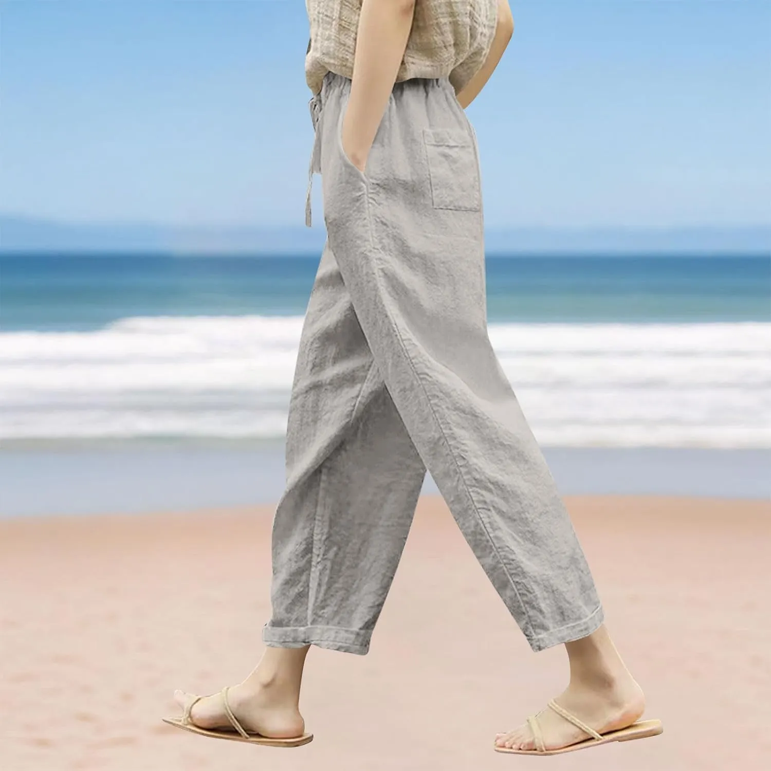 Women Linen Pants Capri Lightweight Spring Summer Pants for Beach Elastic Drawstring Wide Leg Trousers with Pockets