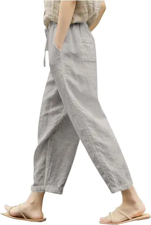 Women Linen Pants Capri Lightweight Spring Summer Pants for Beach Elastic Drawstring Wide Leg Trousers with Pockets