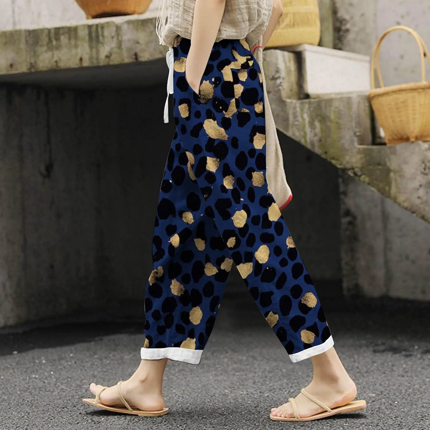 Women Linen Pants Flowy Wide Leg Palazzo Pant High Waisted Drawstring Casual Pants Loose Lounge Beach Trousers