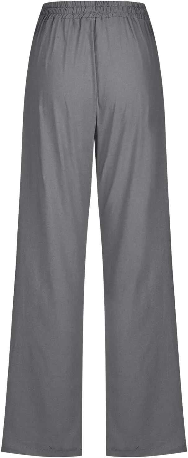 Women Linen Summer Casual Flowy Palazzo Pants Elastic Waist Lounge Pants Loose Fit Pants Beach