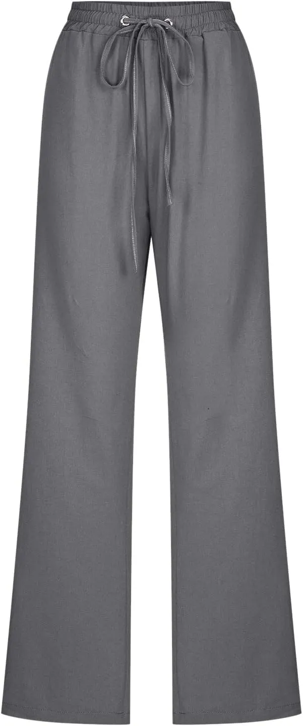 Women Linen Summer Casual Flowy Palazzo Pants Elastic Waist Lounge Pants Loose Fit Pants Beach