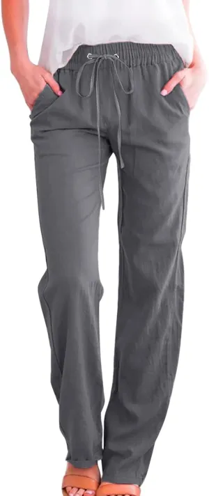 Women Linen Summer Casual Flowy Palazzo Pants Elastic Waist Lounge Pants Loose Fit Pants Beach