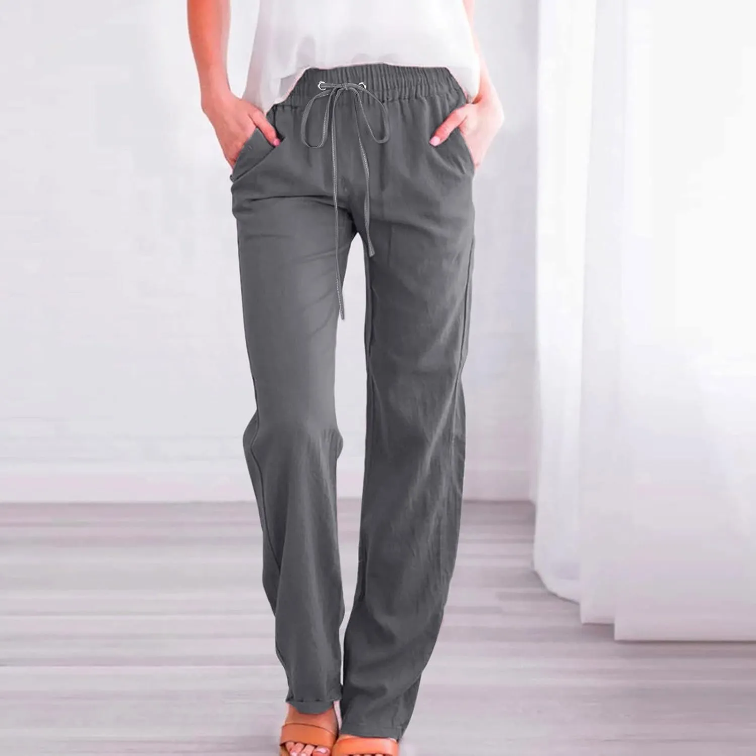 Women Linen Summer Casual Flowy Palazzo Pants Elastic Waist Lounge Pants Loose Fit Pants Beach