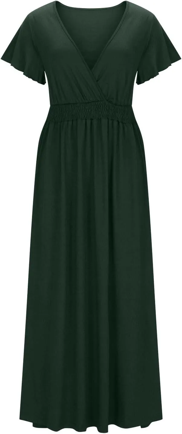 Women Long Dresses Summer V Neck Short Sleeve Dress Casual Flowy High Waisted Ankle Length Maxi Dresses Plus Size