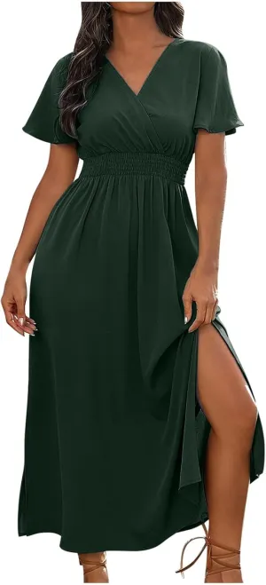 Women Long Dresses Summer V Neck Short Sleeve Dress Casual Flowy High Waisted Ankle Length Maxi Dresses Plus Size