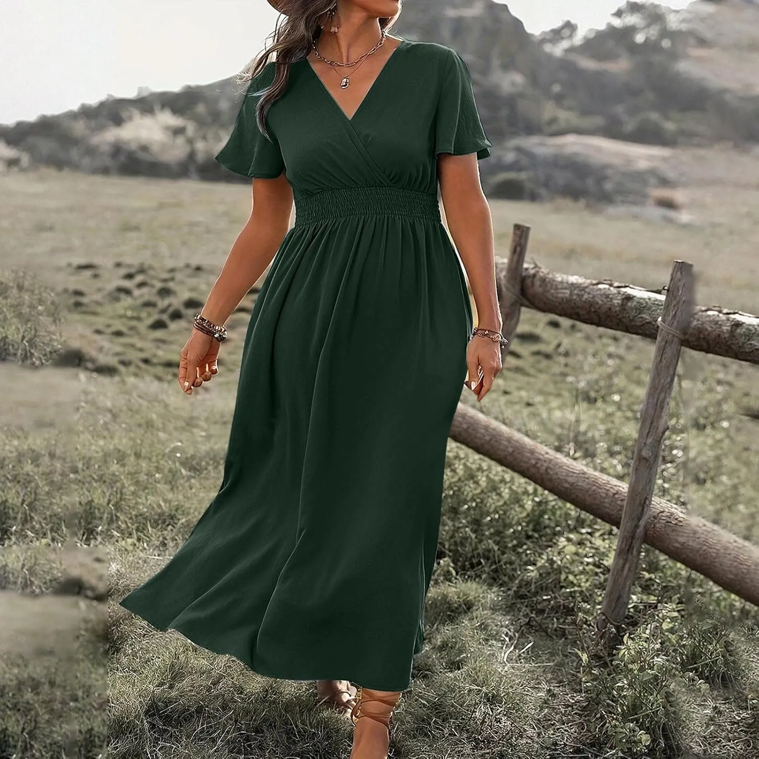 Women Long Dresses Summer V Neck Short Sleeve Dress Casual Flowy High Waisted Ankle Length Maxi Dresses Plus Size