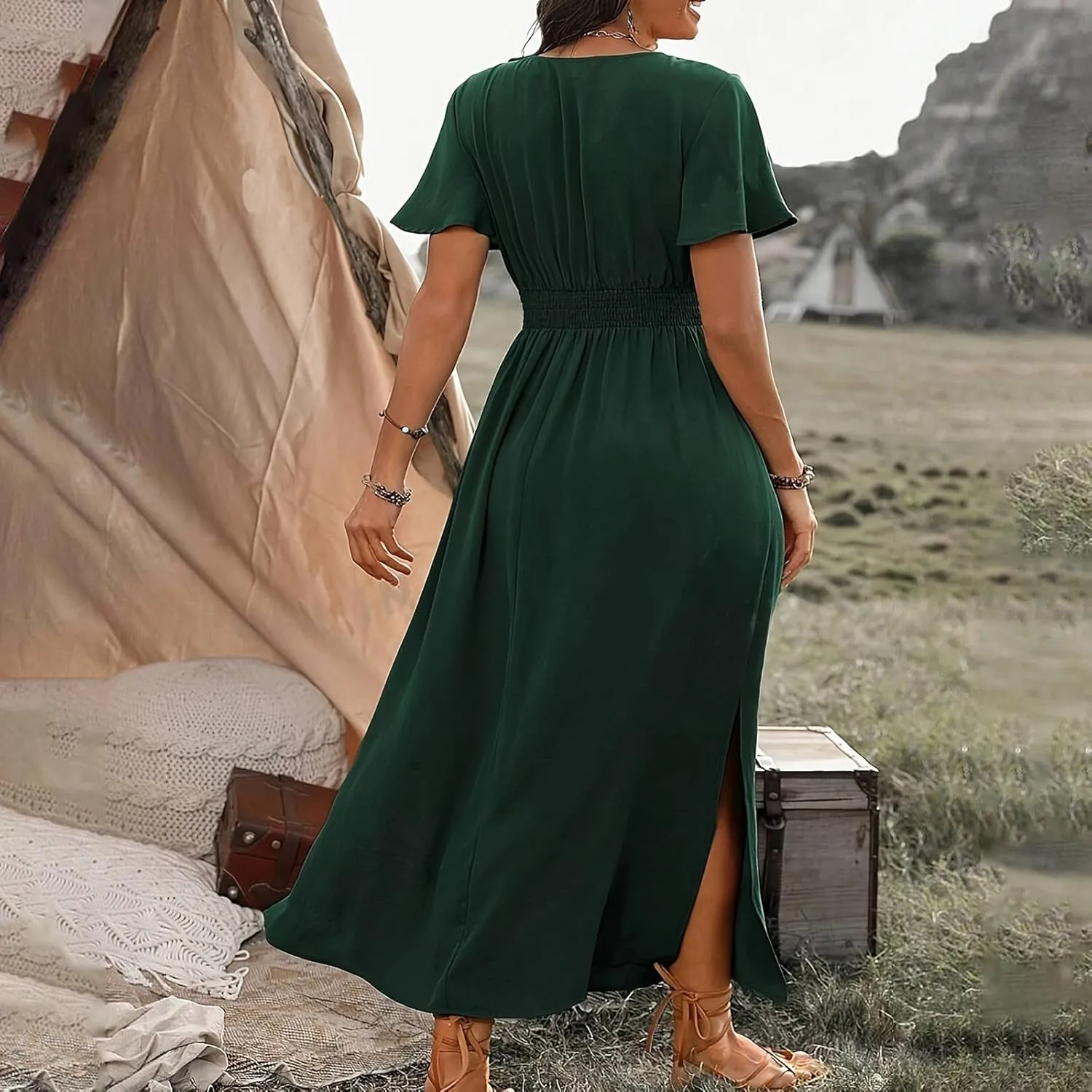 Women Long Dresses Summer V Neck Short Sleeve Dress Casual Flowy High Waisted Ankle Length Maxi Dresses Plus Size