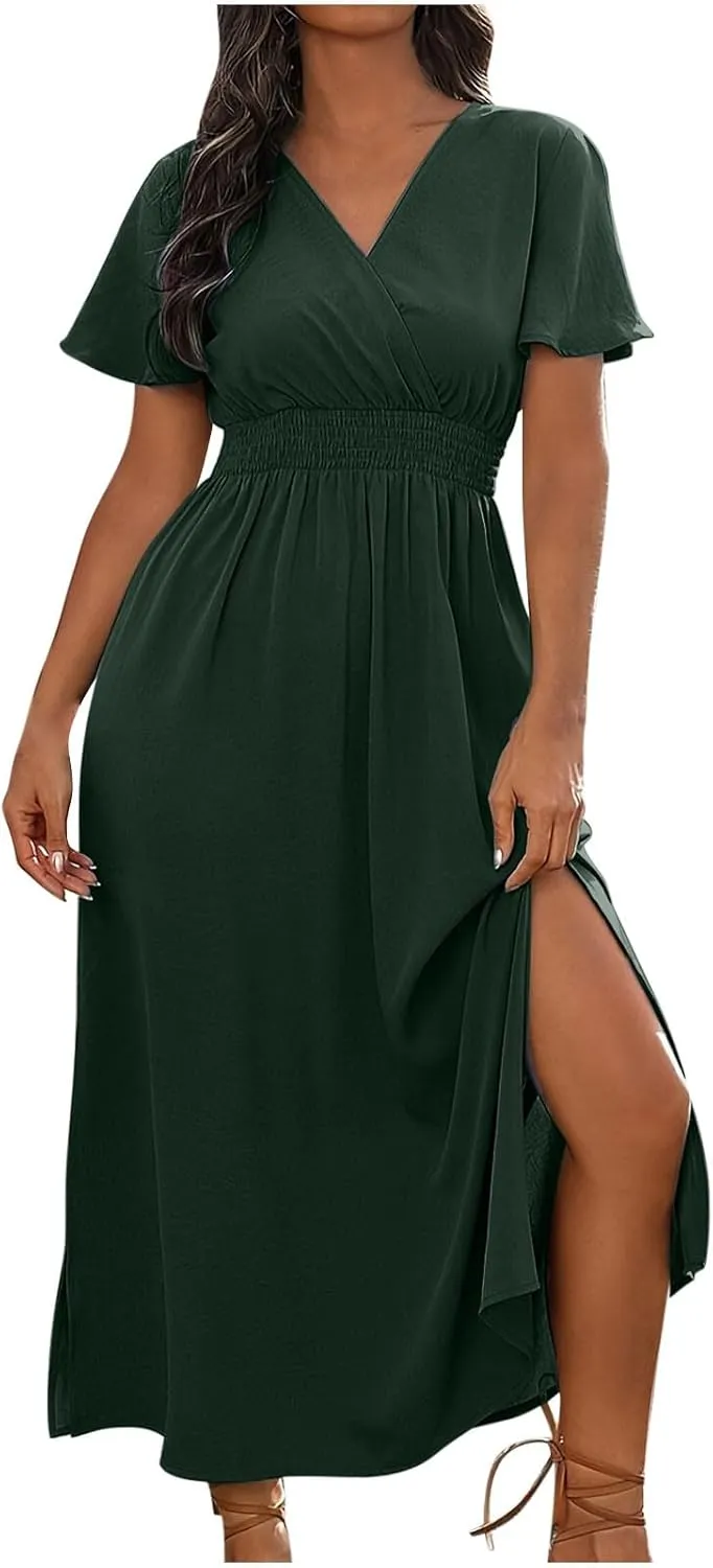 Women Long Dresses Summer V Neck Short Sleeve Dress Casual Flowy High Waisted Ankle Length Maxi Dresses Plus Size
