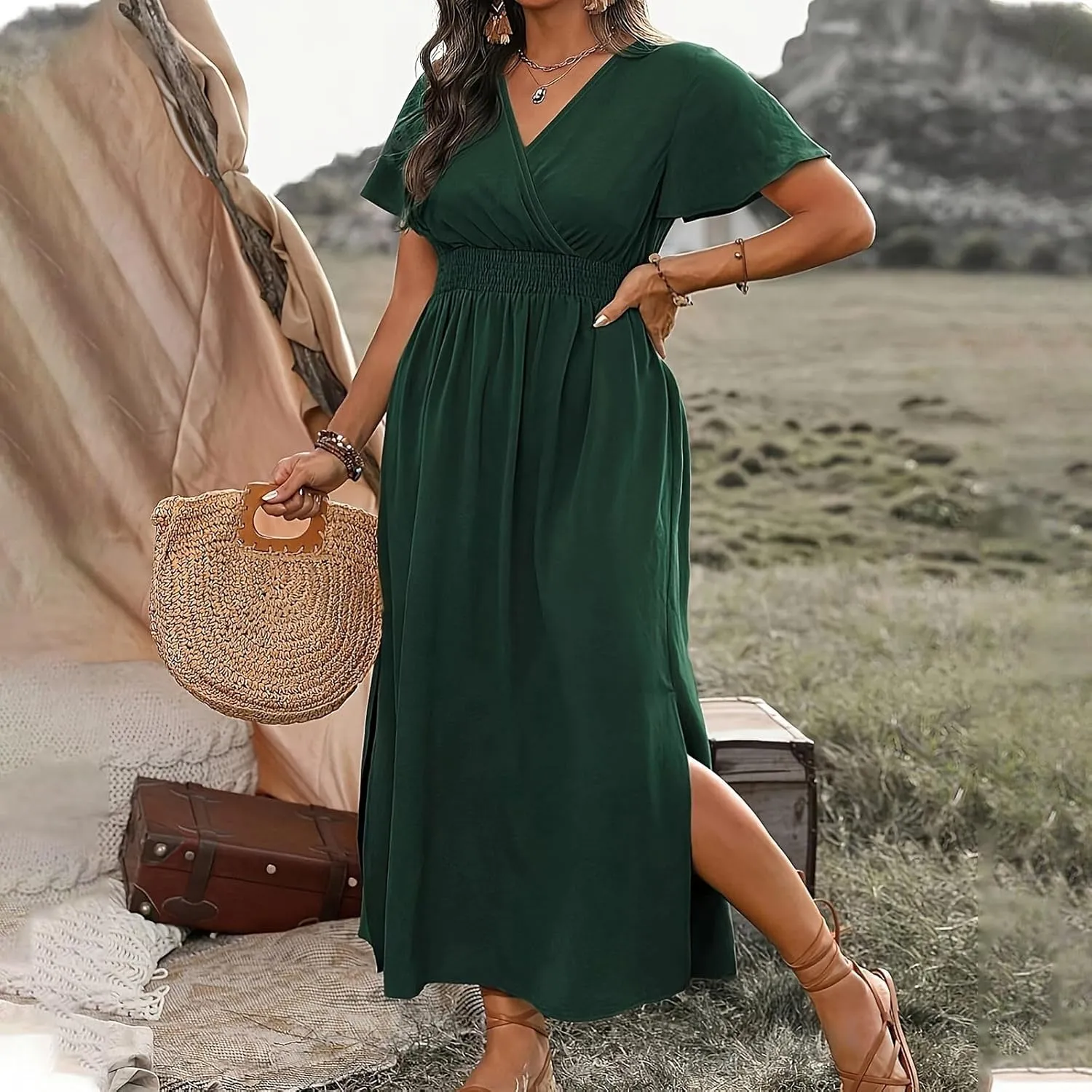 Women Long Dresses Summer V Neck Short Sleeve Dress Casual Flowy High Waisted Ankle Length Maxi Dresses Plus Size