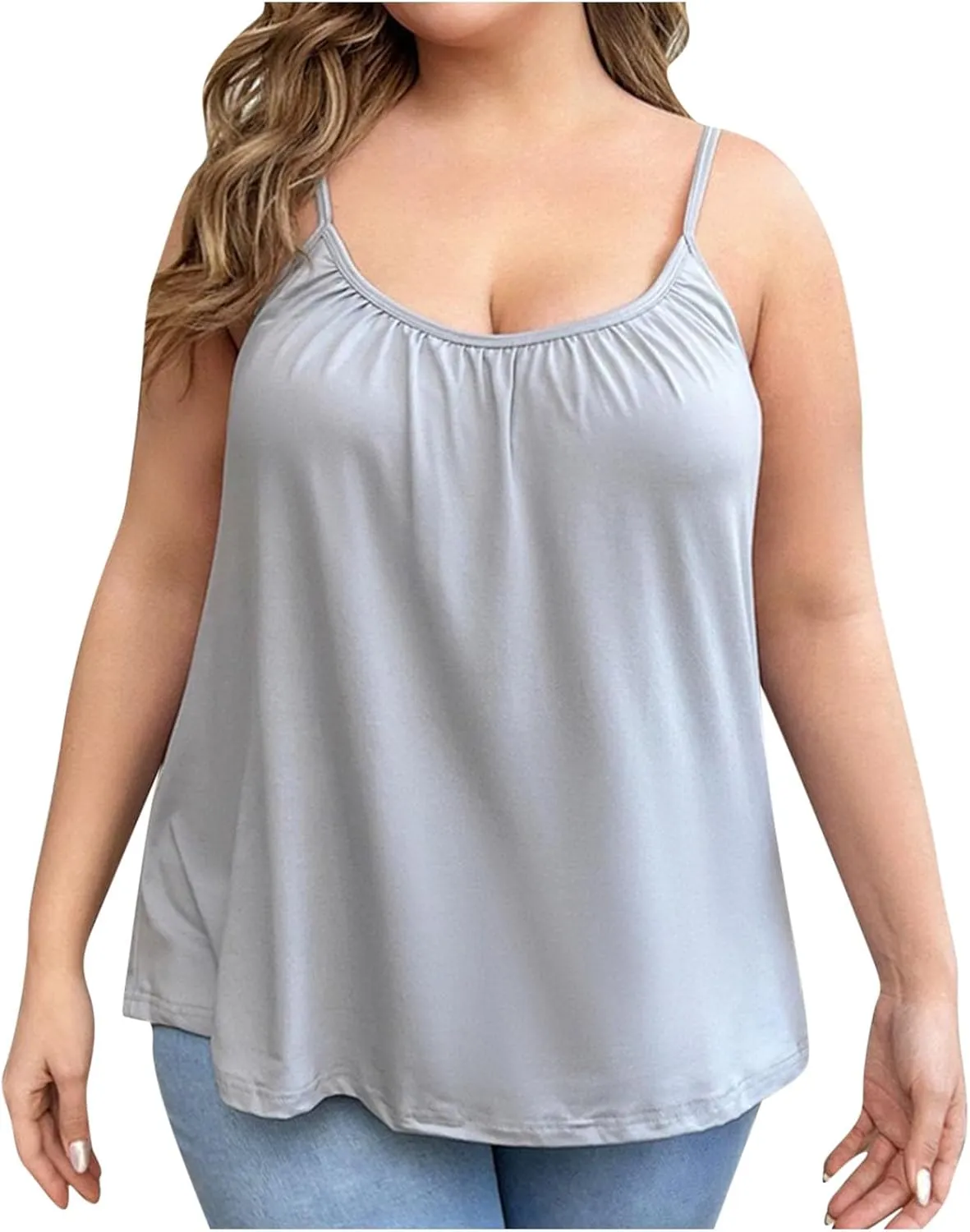 Women Oversized Cami Tops with Built in Bra Summer Thin Spaghetti Strap Camisole Casual Sleeveless Flowy Basic Tops