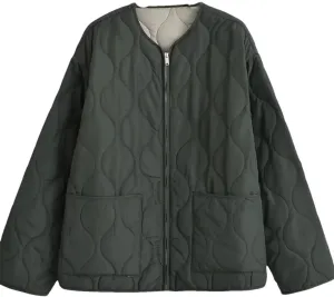 Women Patch Pocket Cotton Padded Jacket Coat Vintage O Neck Long Sleeve Zipper-Up Outerwear Tops picture colour XS