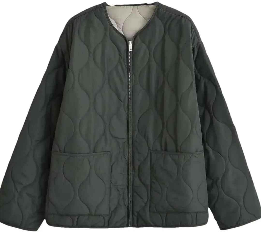 Women Patch Pocket Cotton Padded Jacket Coat Vintage O Neck Long Sleeve Zipper-Up Outerwear Tops picture colour XS