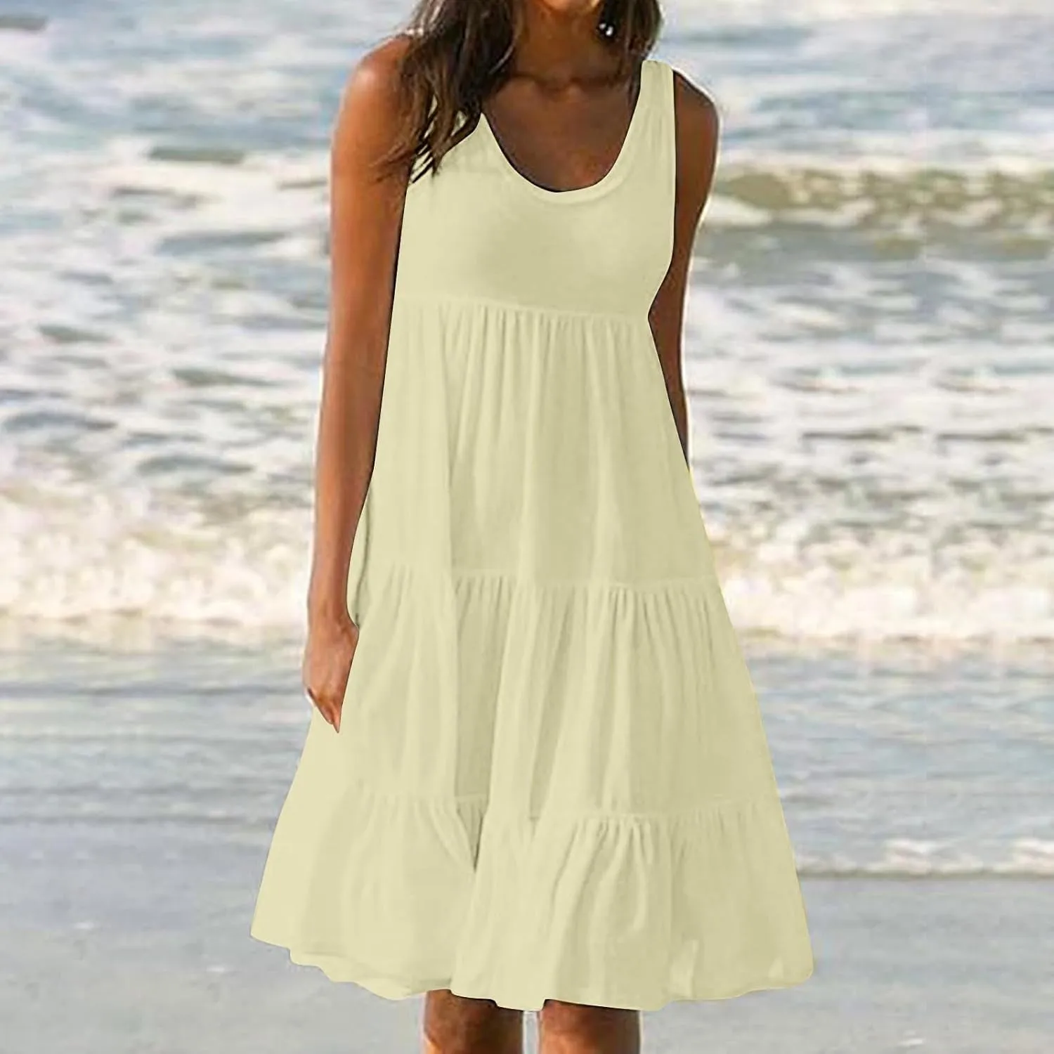 Women Plus Size Summer Dresses Loose Fit Crew Neck Sleeveless Sundress Cute Peplum Tired Beach Vacation Midi Dress