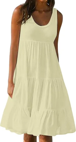 Women Plus Size Summer Dresses Loose Fit Crew Neck Sleeveless Sundress Cute Peplum Tired Beach Vacation Midi Dress