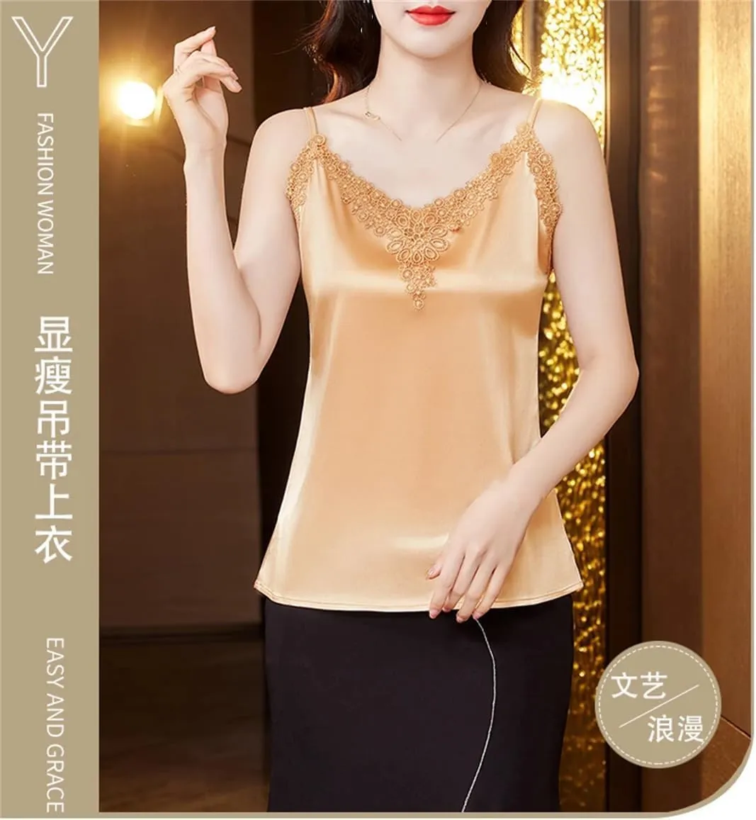 Women Satin Camisole Top with Embroidered Patchwork Sleeveless Design for Summer