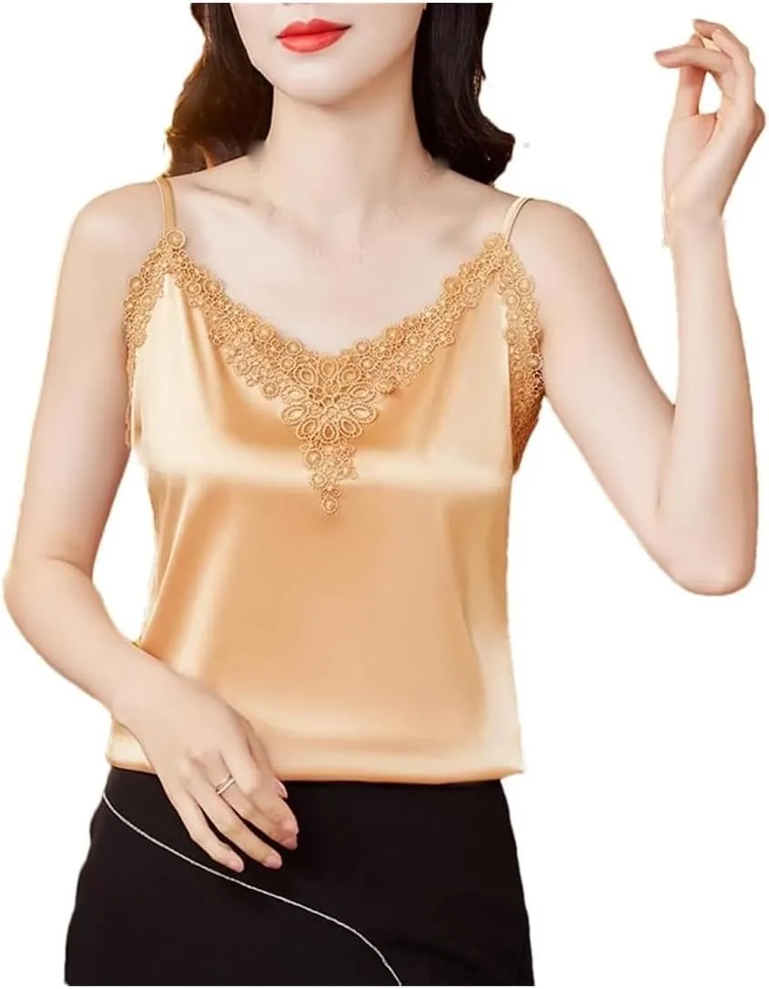 Women Satin Camisole Top with Embroidered Patchwork Sleeveless Design for Summer
