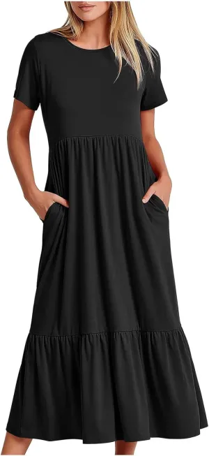 Women Short Sleeve Midi Dresses Summer Casual Dress Ruffle Swing Flowy Sundress Mid Calf T Shirt with Pocket
