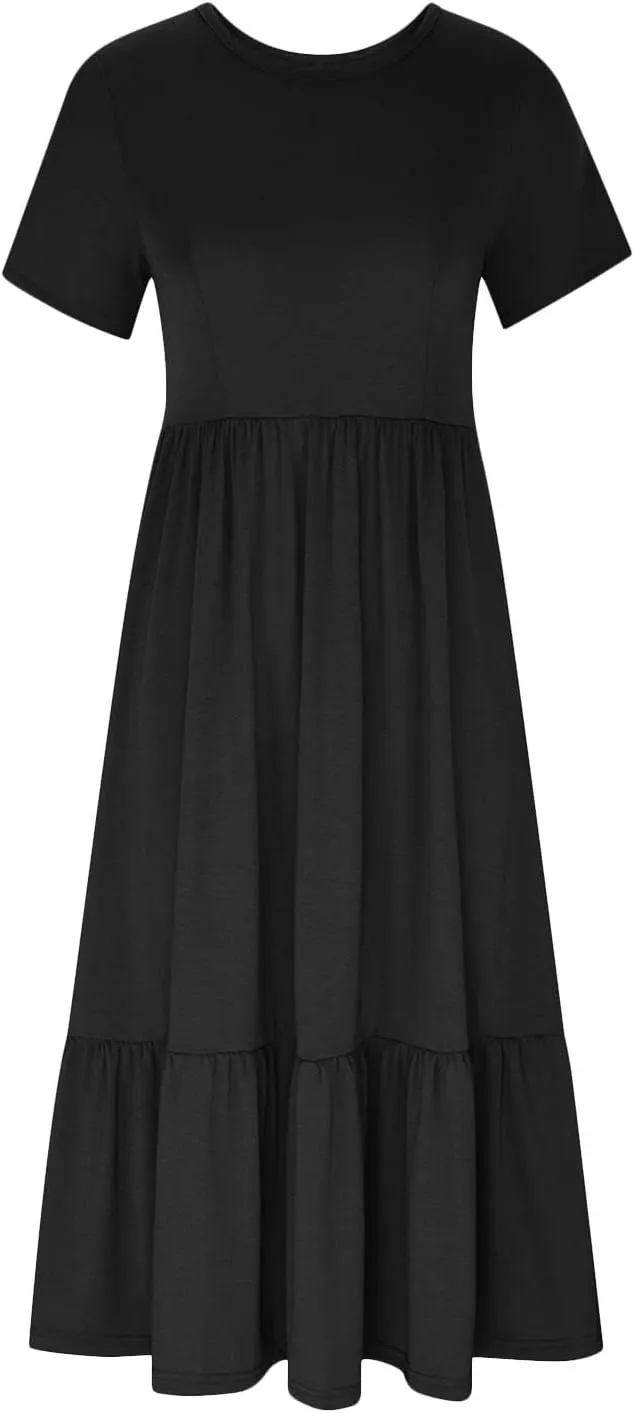 Women Short Sleeve Midi Dresses Summer Casual Dress Ruffle Swing Flowy Sundress Mid Calf T Shirt with Pocket