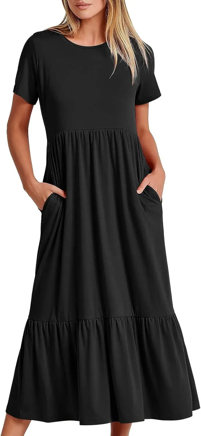 Women Short Sleeve Midi Dresses Summer Casual Dress Ruffle Swing Flowy Sundress Mid Calf T Shirt with Pocket