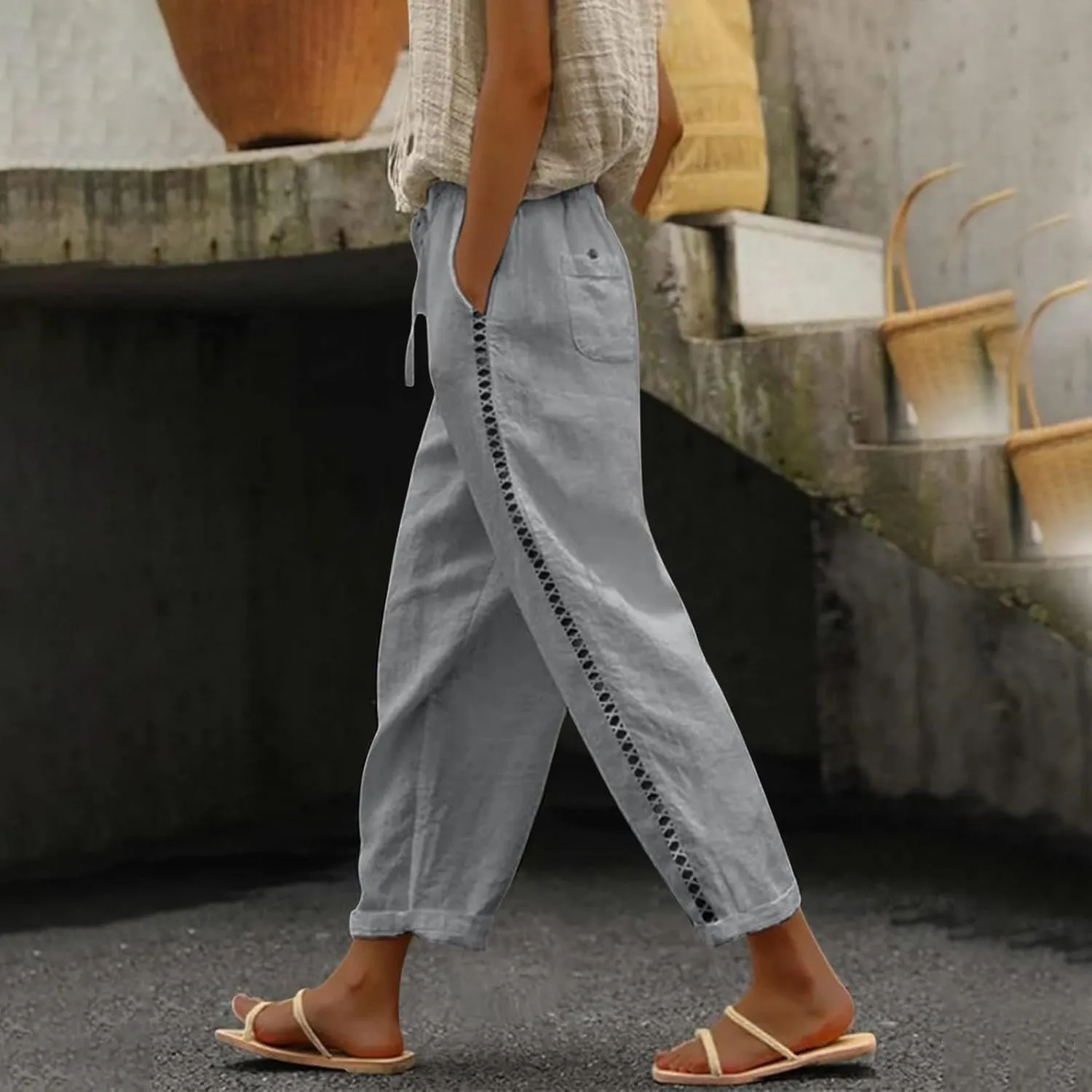 Women Solid Cotton Linen Straight Pants Drawstring Lightweight Elastic Pant Loose Trousers for Summer Outdoor Trip