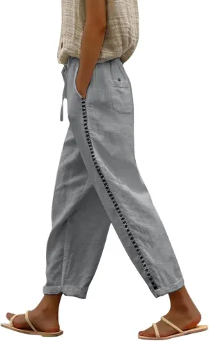 Women Solid Cotton Linen Straight Pants Drawstring Lightweight Elastic Pant Loose Trousers for Summer Outdoor Trip