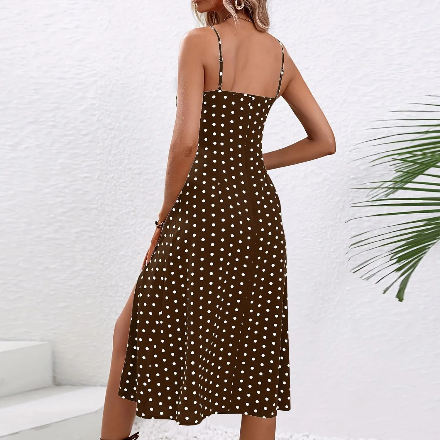 Women Spaghetti Strap Midi Dresses Summer Sleeveless Side Split Cami Sundress Polka Dot Print Evening Party Gown Dress