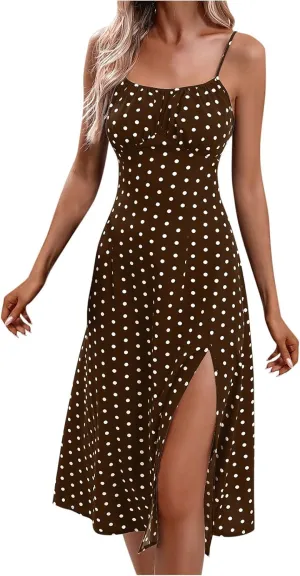 Women Spaghetti Strap Midi Dresses Summer Sleeveless Side Split Cami Sundress Polka Dot Print Evening Party Gown Dress