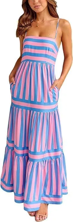 Women Striped Maxi Dress Sleeveless Backless Cutout,Boho Flowy Dresses for Women 2025,Long Flowy A Line Beach Sun Dress