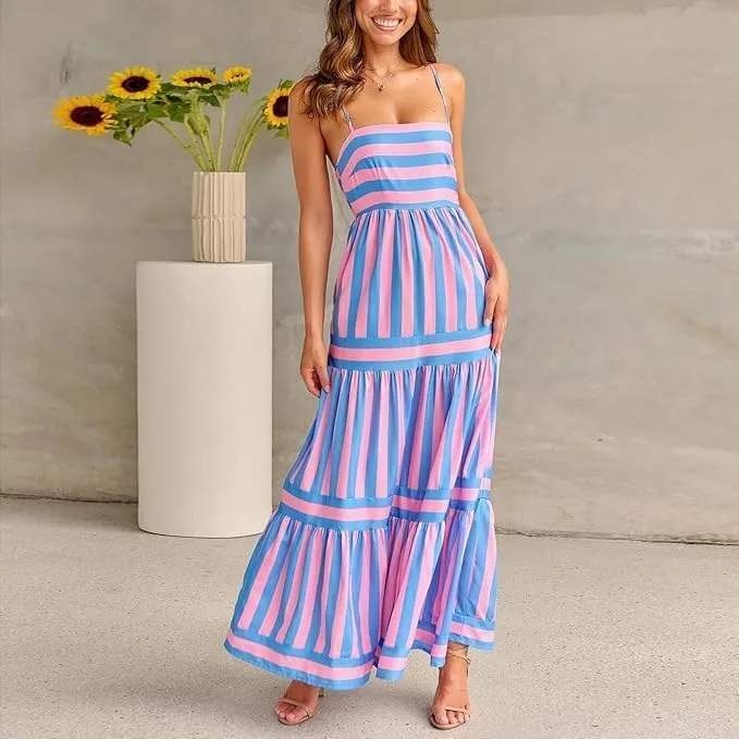 Women Striped Maxi Dress Sleeveless Backless Cutout,Boho Flowy Dresses for Women 2025,Long Flowy A Line Beach Sun Dress