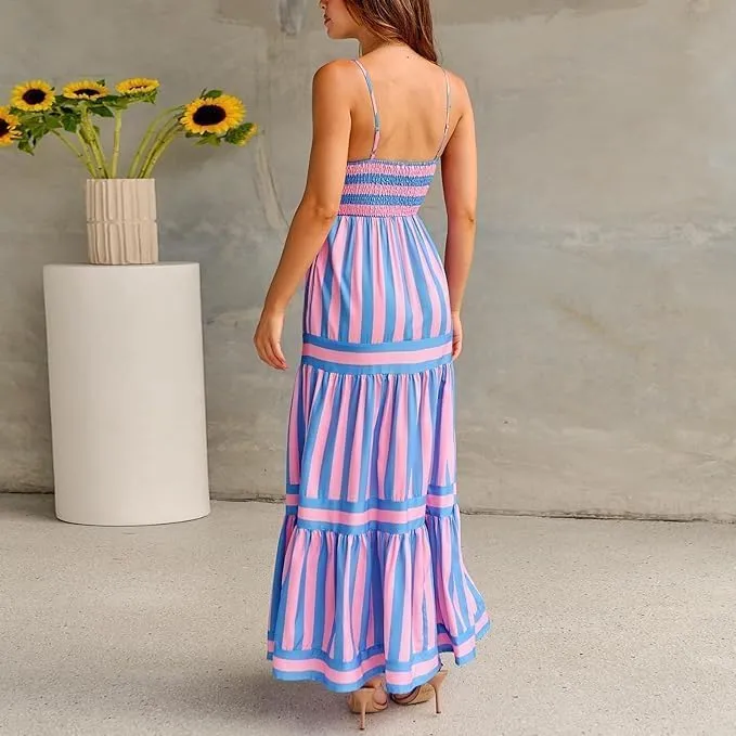 Women Striped Maxi Dress Sleeveless Backless Cutout,Boho Flowy Dresses for Women 2025,Long Flowy A Line Beach Sun Dress