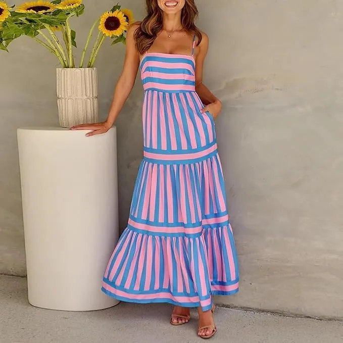Women Striped Maxi Dress Sleeveless Backless Cutout,Boho Flowy Dresses for Women 2025,Long Flowy A Line Beach Sun Dress