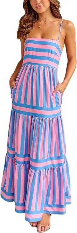Women Striped Maxi Dress Sleeveless Backless Cutout,Boho Flowy Dresses for Women 2025,Long Flowy A Line Beach Sun Dress