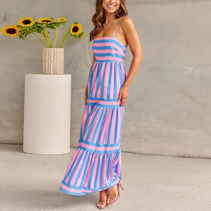 Women Striped Maxi Dress Sleeveless Backless Cutout,Boho Flowy Dresses for Women 2025,Long Flowy A Line Beach Sun Dress