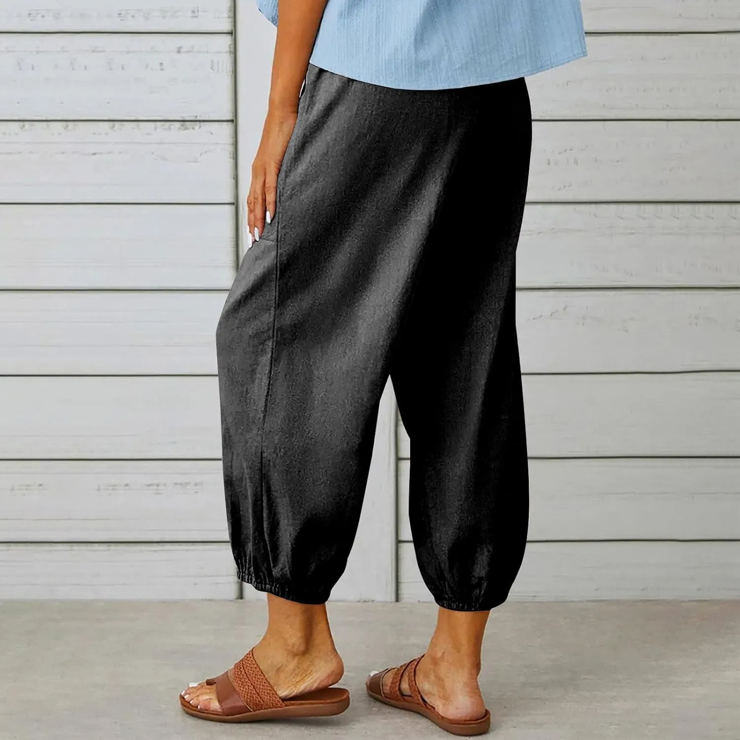Women Summer Cotton Linen Pants Trousers Lantern Tapered Harem Pants Casual Loose Pull On Capri Pants with Pockets