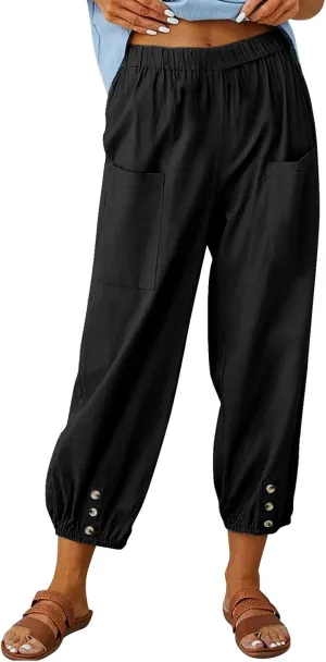 Women Summer Cotton Linen Pants Trousers Lantern Tapered Harem Pants Casual Loose Pull On Capri Pants with Pockets