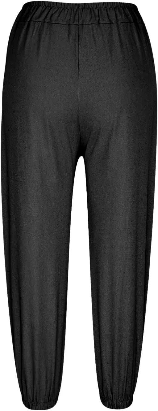 Women Summer Cotton Linen Pants Trousers Lantern Tapered Harem Pants Casual Loose Pull On Capri Pants with Pockets