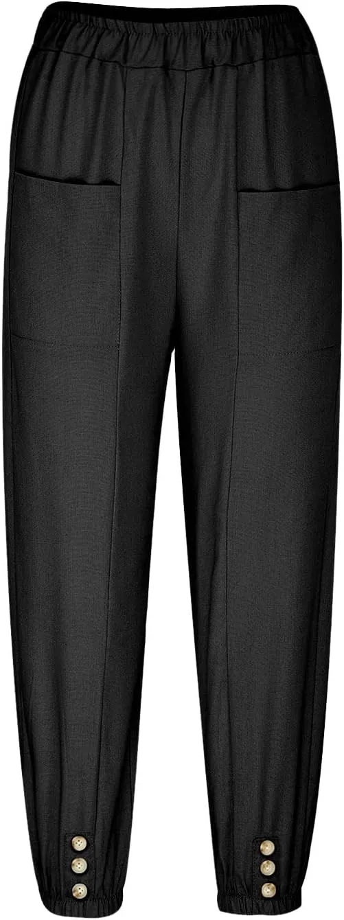 Women Summer Cotton Linen Pants Trousers Lantern Tapered Harem Pants Casual Loose Pull On Capri Pants with Pockets