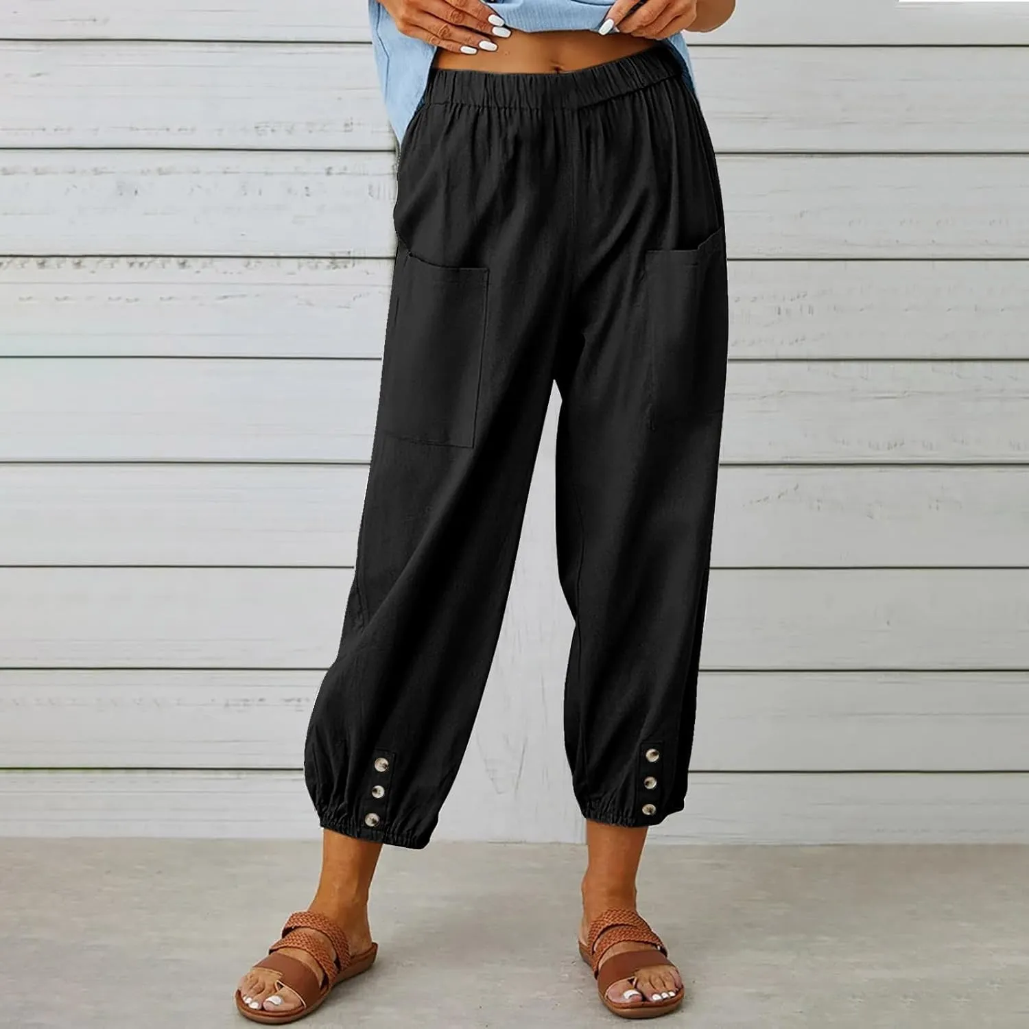 Women Summer Cotton Linen Pants Trousers Lantern Tapered Harem Pants Casual Loose Pull On Capri Pants with Pockets