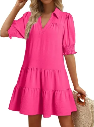 Women Summer Dresses 2025 Casual Lapel Collared V Neck Mid Sleeved Pleated Midi Dresses Short Sleeve Solid Dresses