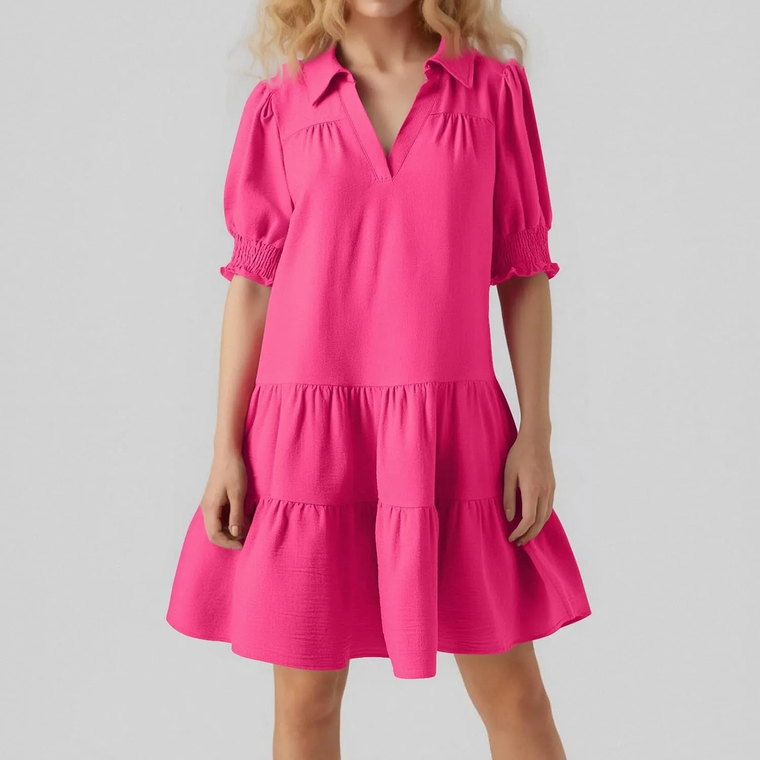 Women Summer Dresses 2025 Casual Lapel Collared V Neck Mid Sleeved Pleated Midi Dresses Short Sleeve Solid Dresses